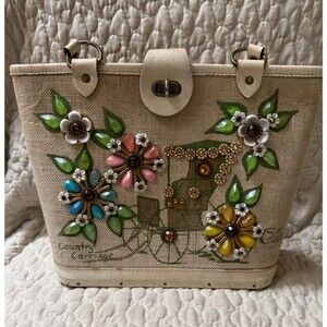 Vintage Collins of Texas Country Carriage Jeweled Canvas Handbag Purse Floral